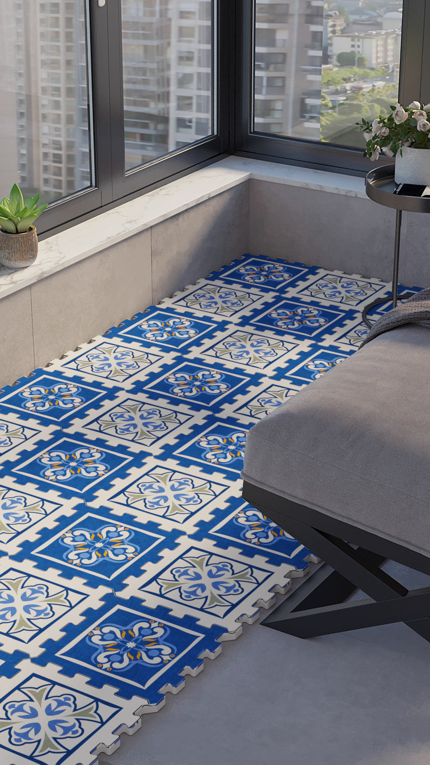 Çini Desen - Mavi / Beyaz salon ve balkon baskılı yapboz halı 31×31