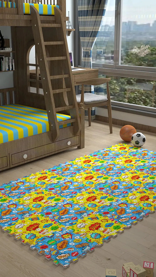 DECOZEYN Çizgi Roman Ses Efektli (BUM!, POW!) Baskılı Puzzle Yapboz Halı! Sarı & Mavi Çocuk Odası Decozeyn