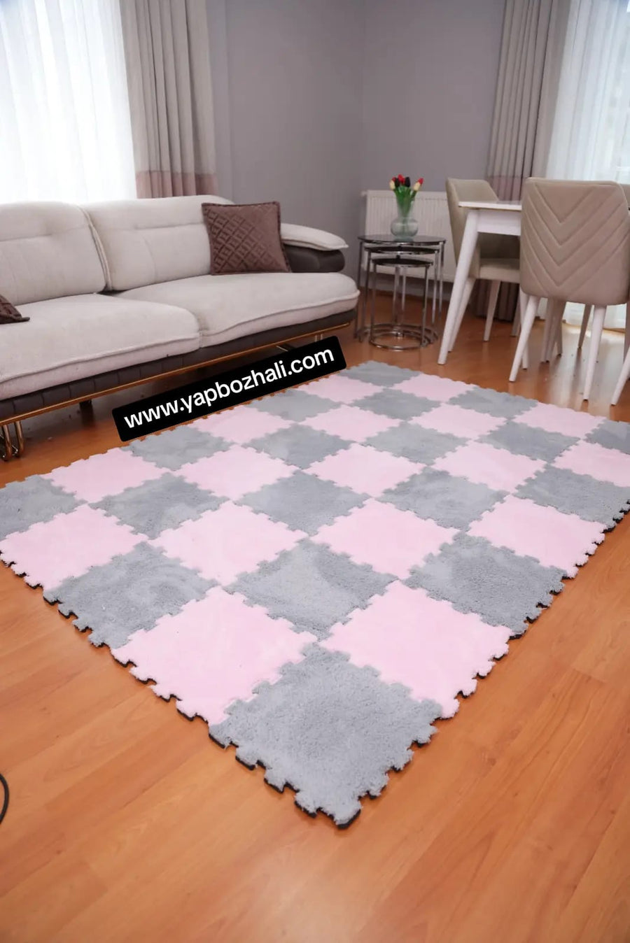 Pembe - Açık Gri pelüş kombin yapboz halı